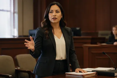 Confident Latina Lawyer in Modern Courtroom