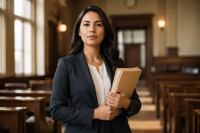 Confident Latina Lawyer in Sunlit Courtroom