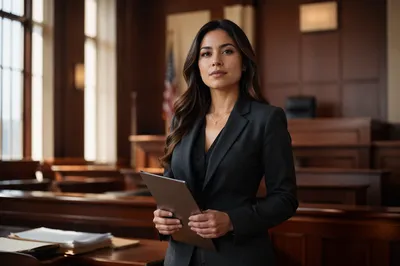 Confident Latina Lawyer in Modern Courtroom