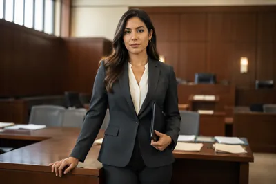 Confident Latina Lawyer in Modern Courtroom