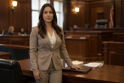 Confident Latina Lawyer in Modern Courtroom
