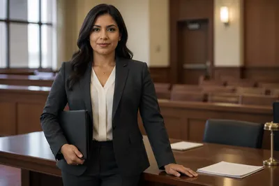 Confident Latina Lawyer in Modern Courtroom