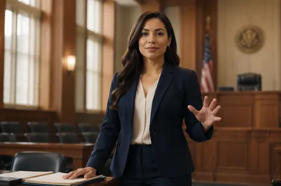 Confident Latina Lawyer in Modern Courtroom