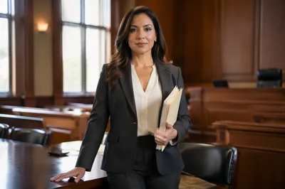 Confident Latina Lawyer in Modern Courtroom