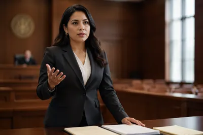 Confident Latina Lawyer in Modern Courtroom