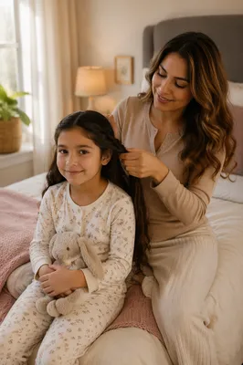 Mother Braiding Daughter Hair in Bedroom