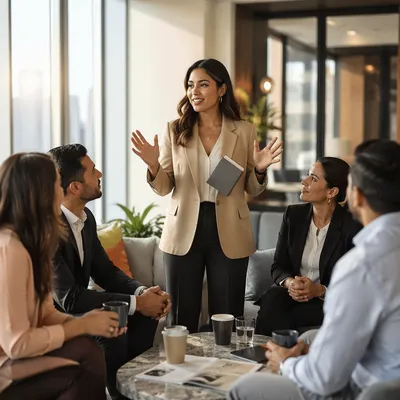 Confident Businesswoman Leading Office Networking Conversation