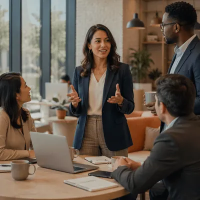 Confident Professional Leading Coworking Lounge Conversation