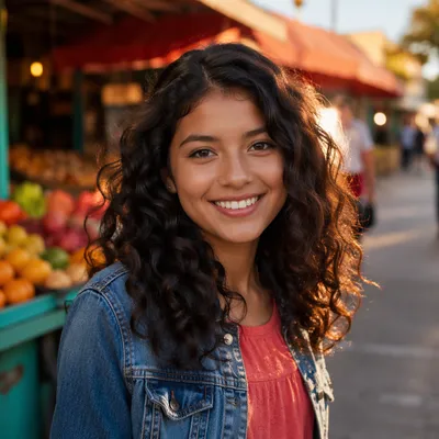 Joyful Latina Teen in Street Market