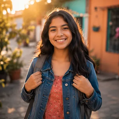 Happy Latina Teen in Sunlit Courtyard