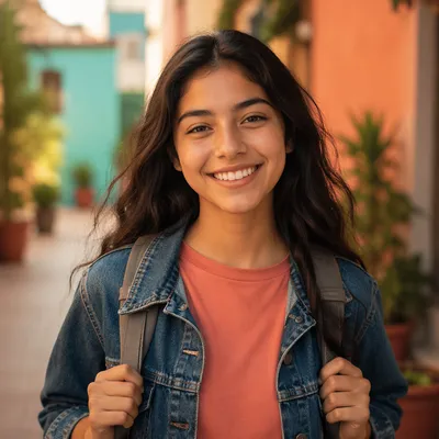 Happy Latina Teen in Urban Courtyard