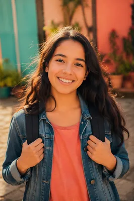 Happy Latina Teen in Urban Courtyard