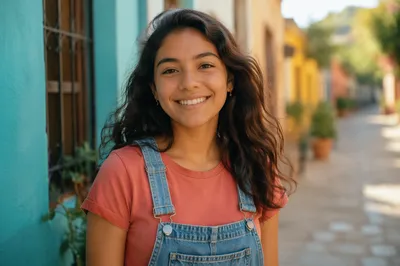 Joyful Latina Teen on Colorful Street