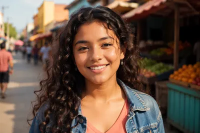 Joyful Latina Teen at Street Market