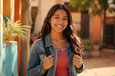 Happy Latina Teen in Sunlit Courtyard