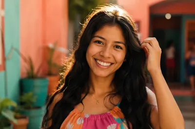 Happy Latina Teenager in Sunlit Courtyard