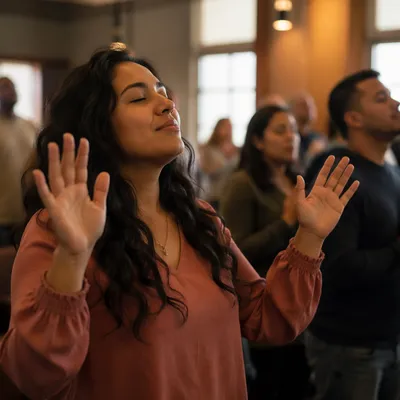 Woman Raising Hands in Worship Hall
