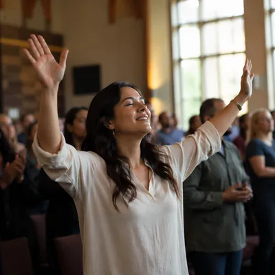 Latina Woman Raising Hands in Worship Hall
