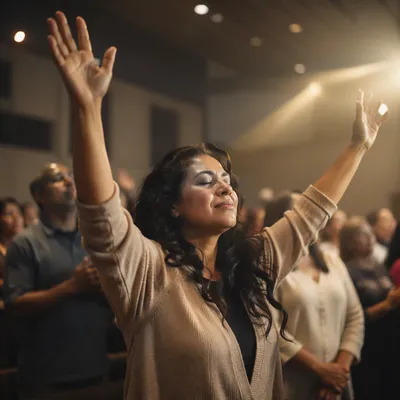 Woman with Raised Hands in Auditorium