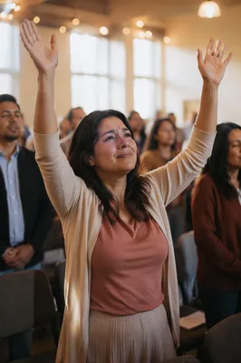 Woman with Raised Hands in Gathering