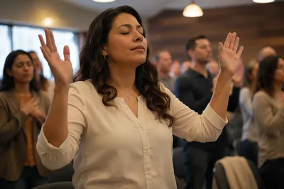 Latina Woman Raising Hands in Worship Hall