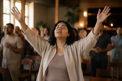 Latina Woman with Raised Hands Indoors