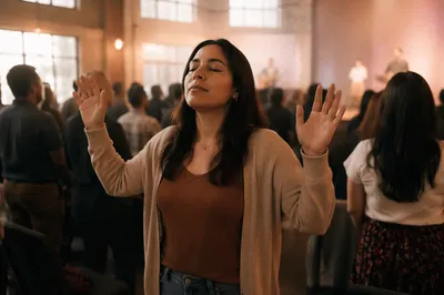 Woman with Raised Hands in Worship Service
