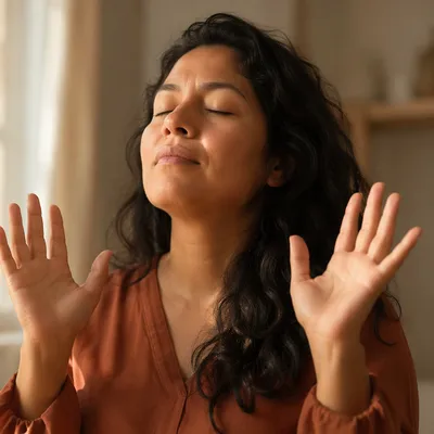 Latina Woman with Raised Hands Portrait