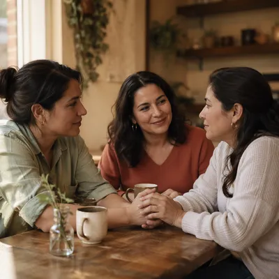 Three Women Sharing Coffee and Support