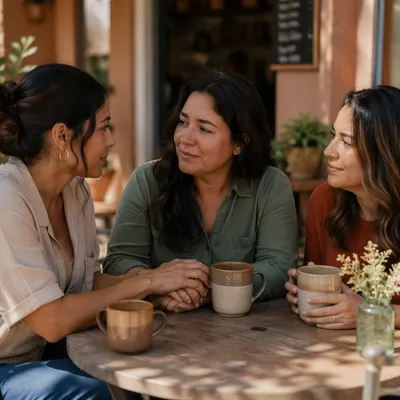 Three Women Sharing Coffee on Café Patio