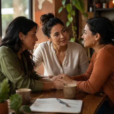 Three Latina Women Sharing Coffee Together