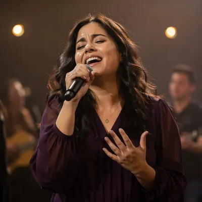 Passionate Latina Singer with Microphone on Stage