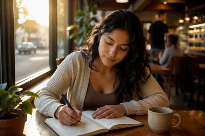 Young Woman Journaling in Morning Coffee Shop