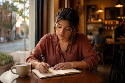 Young Woman Journaling in Cozy Coffee Shop