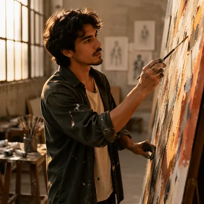 Young Artist Painting in Sunlit Studio
