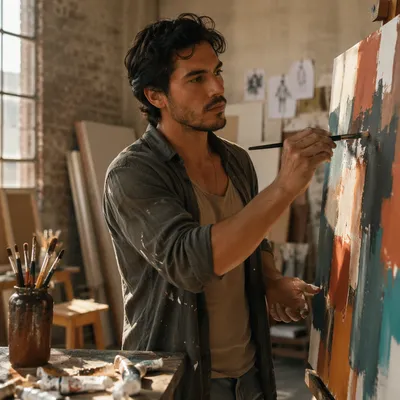 Latino Artist Painting in Sunlit Studio