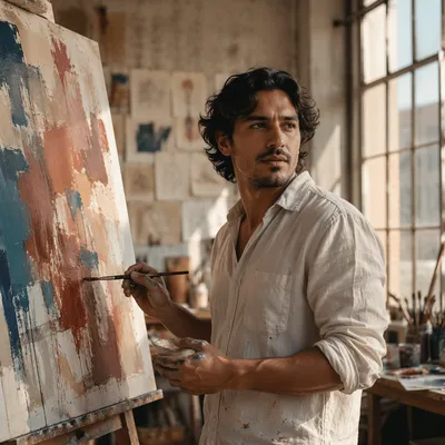 Latino Artist Painting in Sunlit Studio