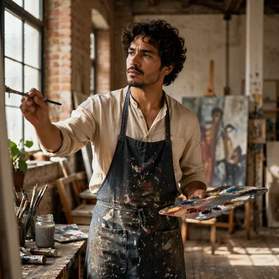 Latino Artist Painting in Sunlit Studio
