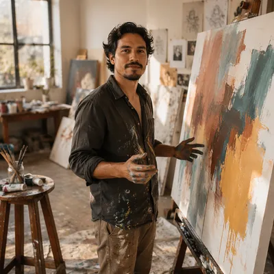 Latino Artist in Sunlit Creative Studio