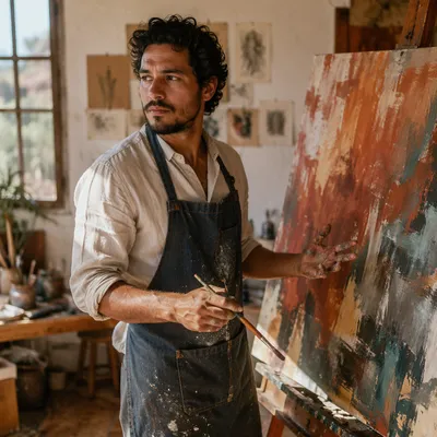 Latino Artist Painting in Sunlit Studio