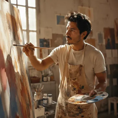 Latino Artist Painting in Sunlit Studio