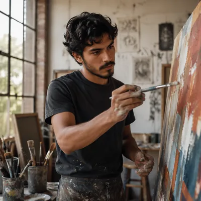 Young Latino Artist Painting in Studio