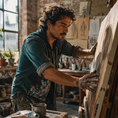 Latino Artist Painting in Sunlit Loft Studio