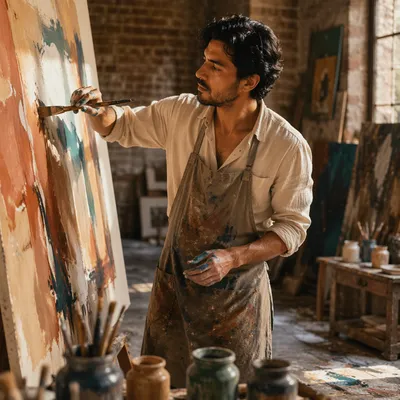 Latino Artist Painting in Sunlit Studio