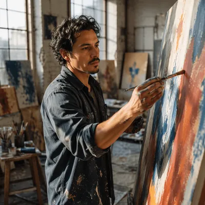 Latino Artist Painting in Sunlit Studio