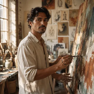 Latino Artist Painting in Sunlit Studio