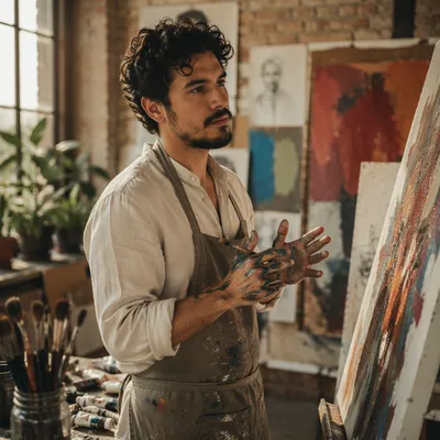 Latino Artist Painting in Sunlit Loft Studio
