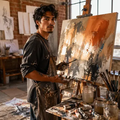 Young Latino Artist in Sunlit Studio