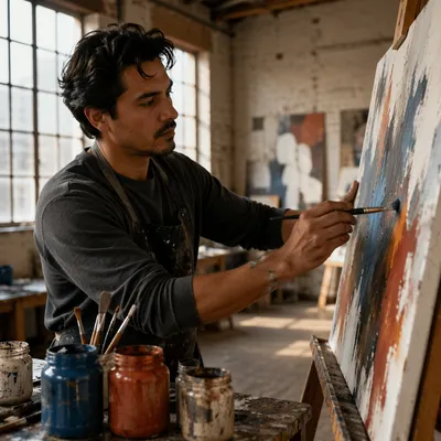Latino Artist Painting in Sunlit Studio