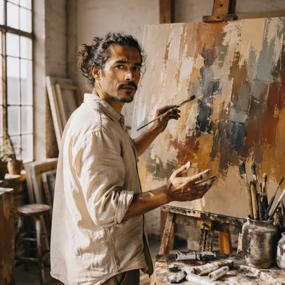Latino Artist Painting in Sunlit Studio